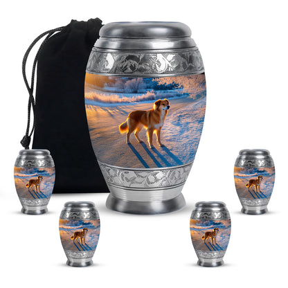 Serene Blue Dog Cremation Urn detail view - majestic dog pattern with filigree border - memorial set with one large and four small urns