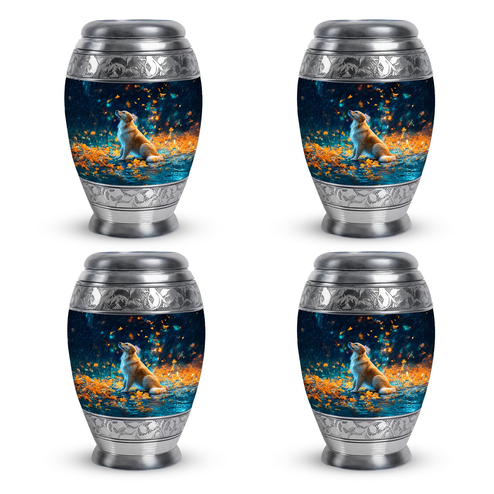 Calming Blue Dog Cremation Urn urn with complimentary velvet bag - majestic dog pattern with filigree border - 10 inch aluminum urn for cremated remains