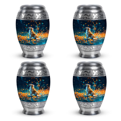 Calming Blue Dog Cremation Urn urn with complimentary velvet bag - majestic dog pattern with filigree border - 10 inch aluminum urn for cremated remains