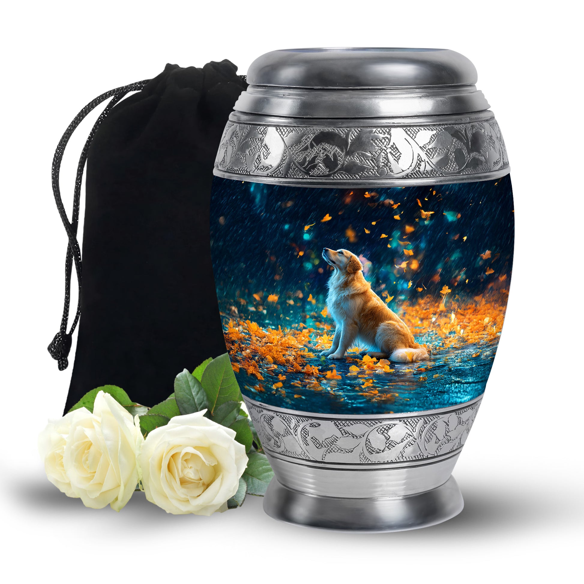 Soft Blue Dog Cremation Urn back view with polished surface - royal dog engraving with decorative scrollwork - full-size 10 inch 200 cubic inch adult cremation urn