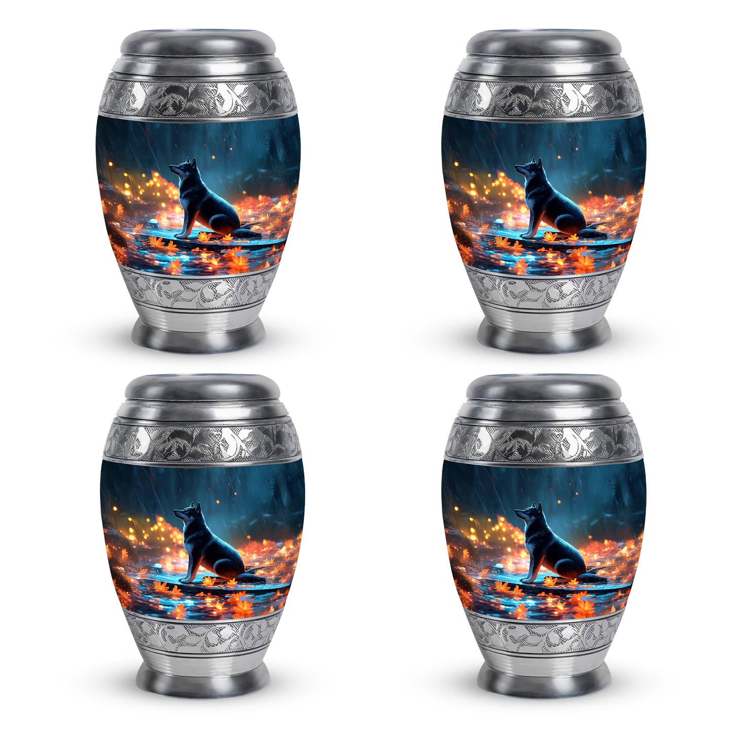 Soft Blue Dog Cremation Urn urn with complimentary velvet bag - majestic dog pattern with filigree border - 10 inch aluminum urn for cremated remains
