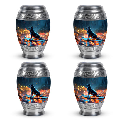 Soft Blue Dog Cremation Urn urn with complimentary velvet bag - majestic dog pattern with filigree border - 10 inch aluminum urn for cremated remains
