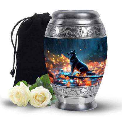 Navy Blue Dog Cremation Urn back view with polished surface - regal dog design with crown-inspired accents - full-size 10 inch 200 cubic inch adult cremation urn