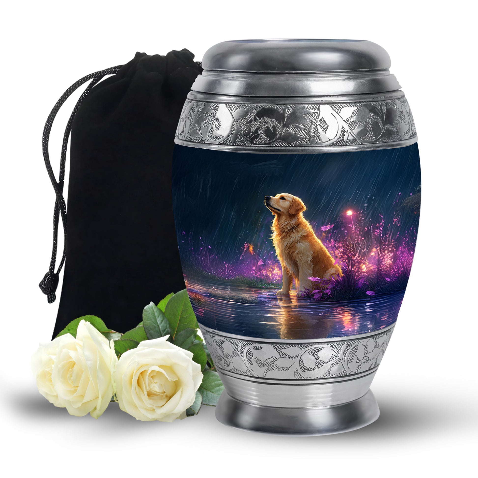Misty Blue Dog Cremation Urn back view with polished surface - ornate monarch-style dog relief on brushed aluminum - full-size 10 inch 200 cubic inch adult cremation urn