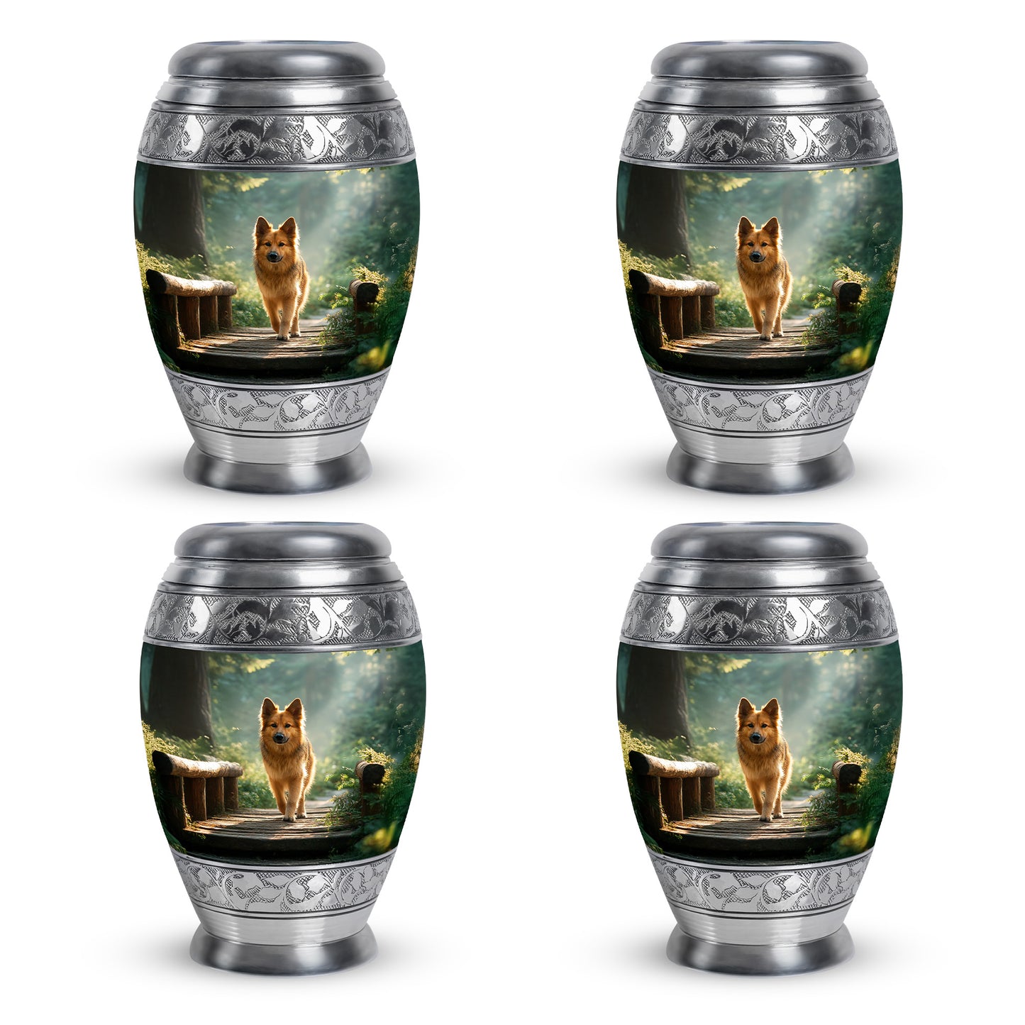 Pine Green Dog Cremation Urn urn with complimentary velvet bag - majestic dog pattern with filigree border - 10 inch aluminum urn for cremated remains