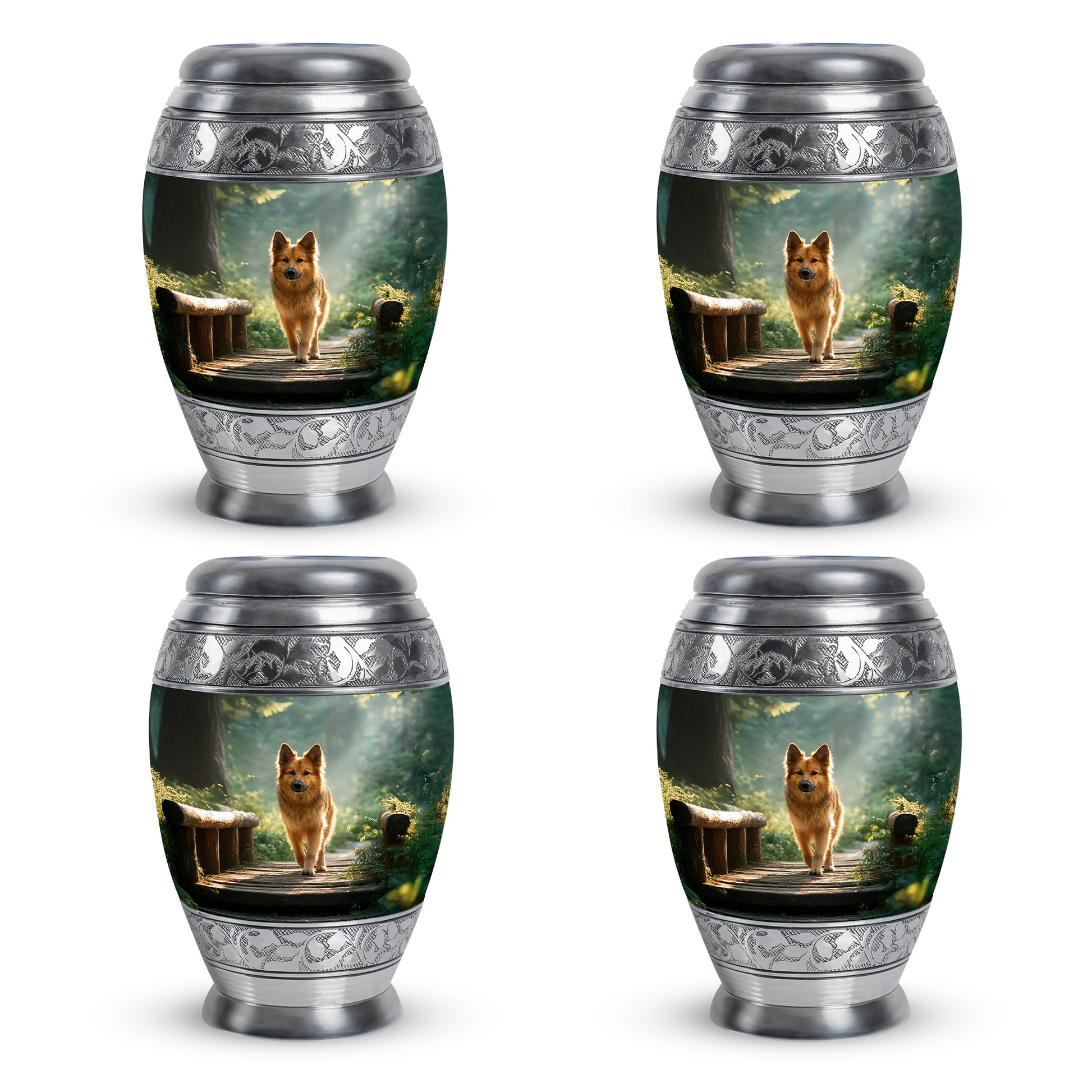 Pine Green Dog Cremation Urn urn with complimentary velvet bag - majestic dog pattern with filigree border - 10 inch aluminum urn for cremated remains