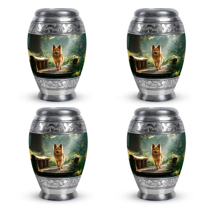 Pine Green Dog Cremation Urn urn with complimentary velvet bag - majestic dog pattern with filigree border - 10 inch aluminum urn for cremated remains