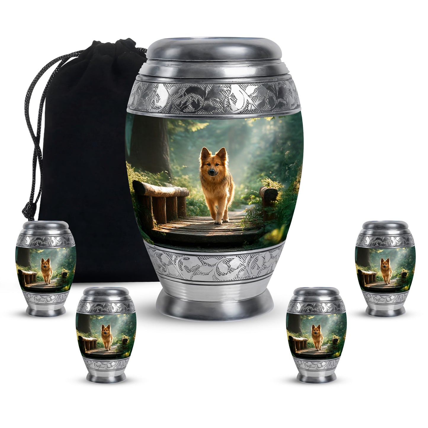 Verdant Green Dog Cremation Urn detail view - ornate monarch-style dog relief on brushed aluminum - memorial set with one large and four small urns