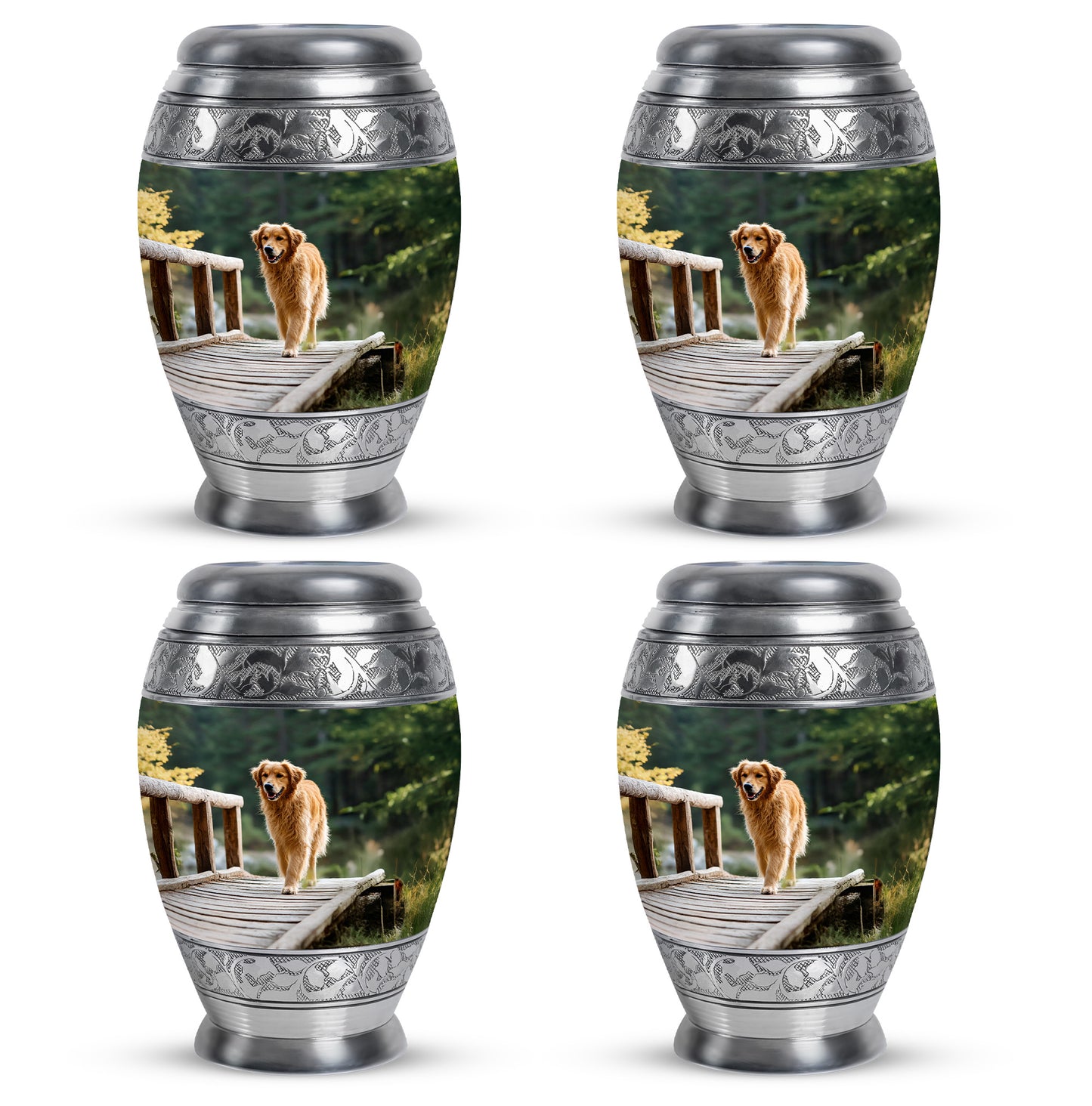 Emerald Green Dog Cremation Urn urn with complimentary velvet bag - ornate monarch-style dog relief on brushed aluminum - 10 inch aluminum urn for cremated remains