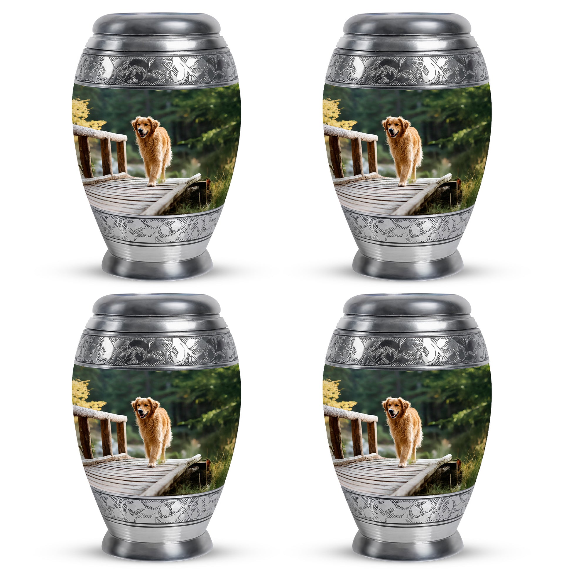 Emerald Green Dog Cremation Urn urn with complimentary velvet bag - ornate monarch-style dog relief on brushed aluminum - 10 inch aluminum urn for cremated remains
