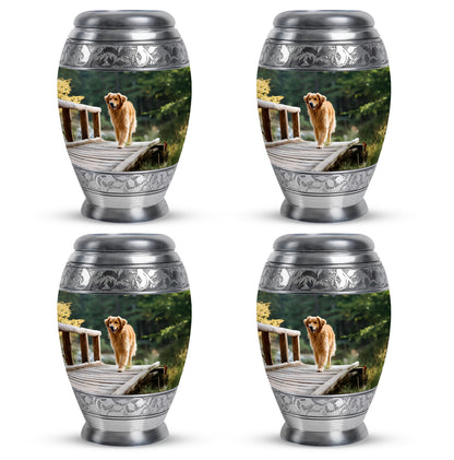 Emerald Green Dog Cremation Urn urn with complimentary velvet bag - ornate monarch-style dog relief on brushed aluminum - 10 inch aluminum urn for cremated remains