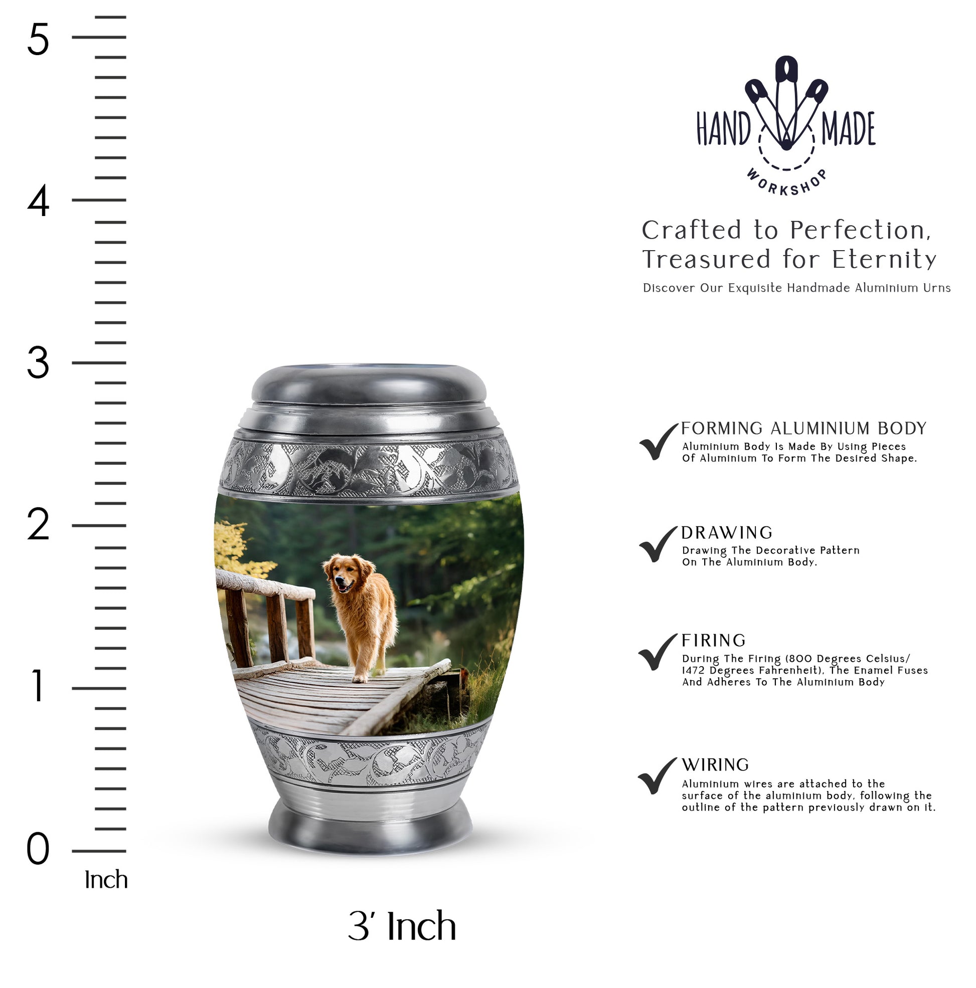 Hunter Green Dog Cremation Urn lifestyle display on memorial shelf - majestic dog pattern with filigree border - mini keepsake memorial for portion of cremation ashes