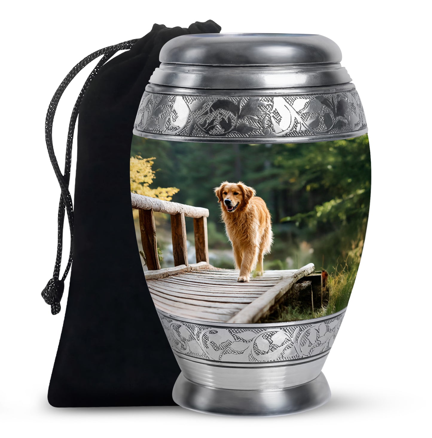 Mint Green Dog Cremation Urn back view with polished surface - majestic dog pattern with filigree border - full-size 10 inch 200 cubic inch adult cremation urn