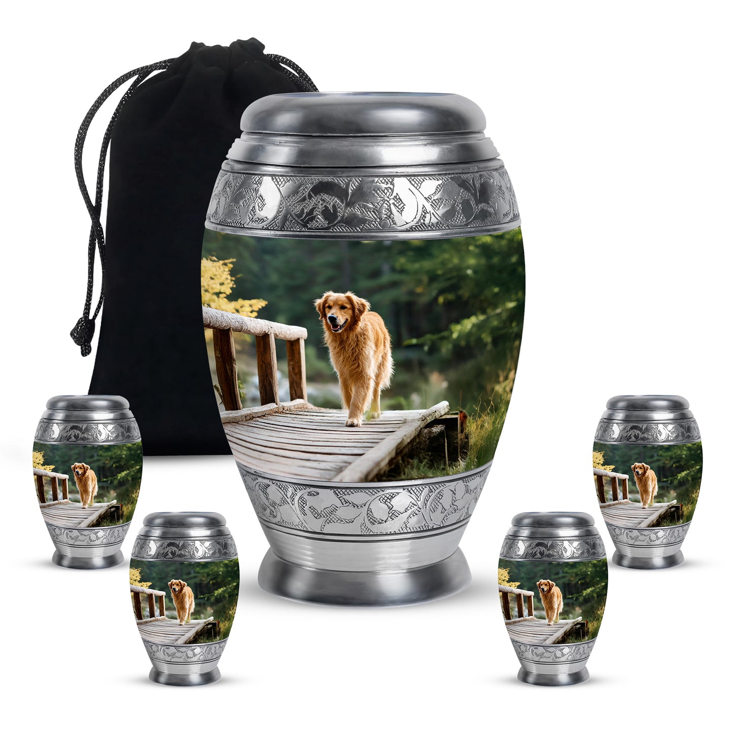 Sage Green Dog Cremation Urn detail view - regal dog design with crown-inspired accents - memorial set with one large and four small urns