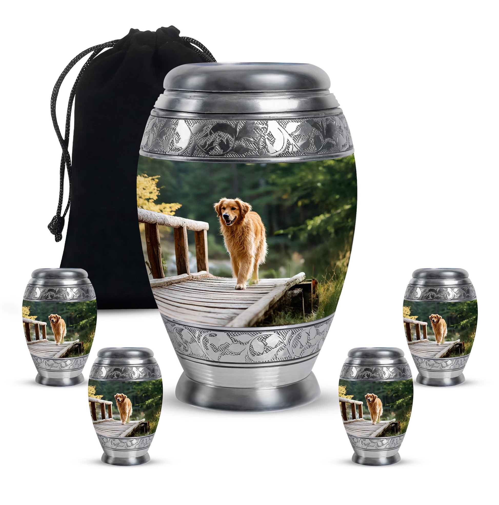 Sage Green Dog Cremation Urn detail view - regal dog design with crown-inspired accents - memorial set with one large and four small urns