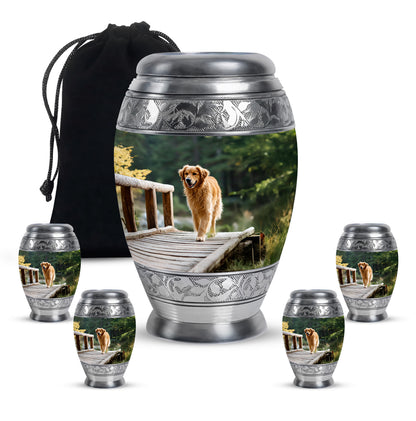 Sage Green Dog Cremation Urn detail view - regal dog design with crown-inspired accents - memorial set with one large and four small urns