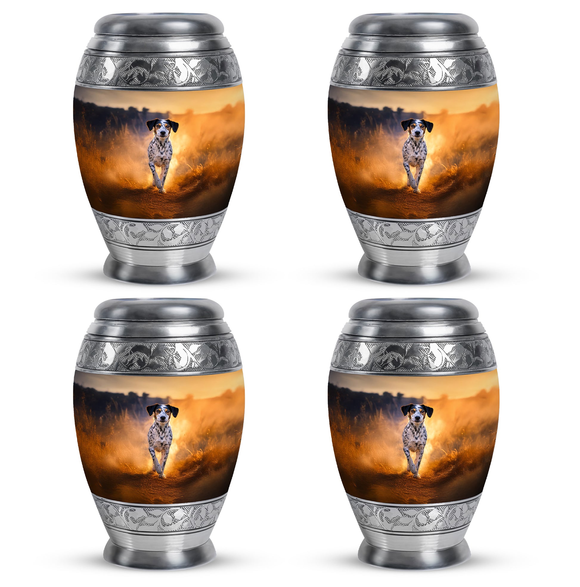 Harvest Gold Dog Cremation Urn urn with complimentary velvet bag - royal dog engraving with decorative scrollwork - 10 inch aluminum urn for cremated remains