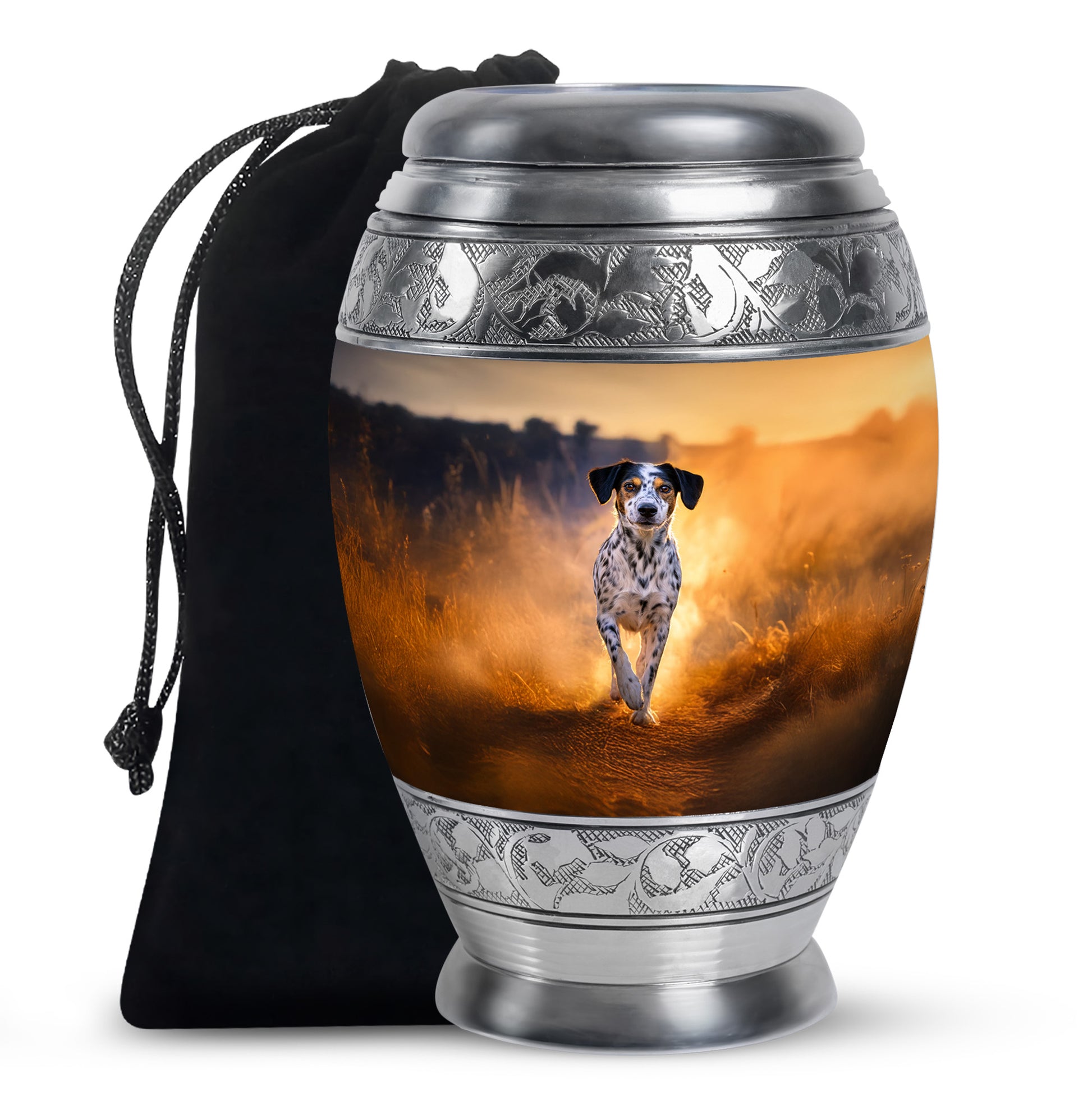 Warm Gold Dog Cremation Urn back view with polished surface - royal dog engraving with decorative scrollwork - full-size 10 inch 200 cubic inch adult cremation urn