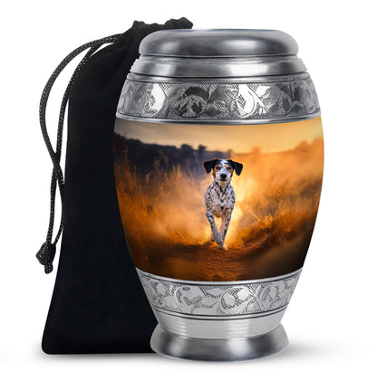 Warm Gold Dog Cremation Urn back view with polished surface - royal dog engraving with decorative scrollwork - full-size 10 inch 200 cubic inch adult cremation urn