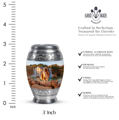 Azure Dog Cremation Urn lifestyle display on memorial shelf - ornate monarch-style dog relief on brushed aluminum - mini keepsake memorial for portion of cremation ashes