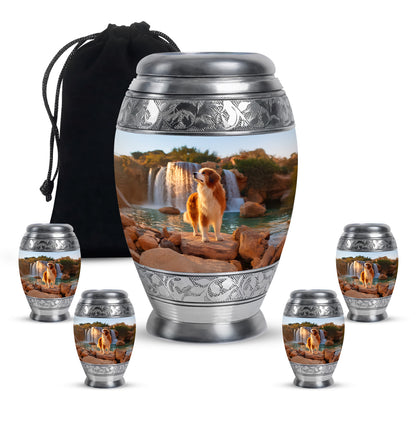 Indigo Dog Cremation Urn detail view - regal dog design with crown-inspired accents - memorial set with one large and four small urns
