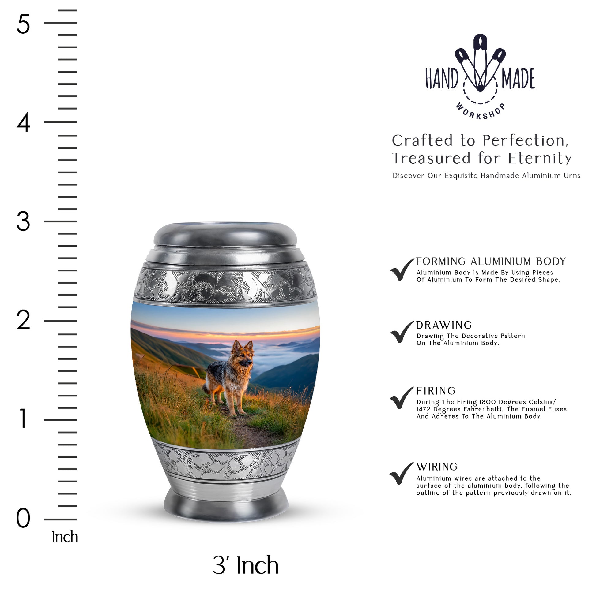 Steel Blue Dog Cremation Urn lifestyle display on memorial shelf - royal dog engraving with decorative scrollwork - mini keepsake memorial for portion of cremation ashes