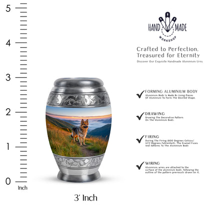 Steel Blue Dog Cremation Urn lifestyle display on memorial shelf - royal dog engraving with decorative scrollwork - mini keepsake memorial for portion of cremation ashes