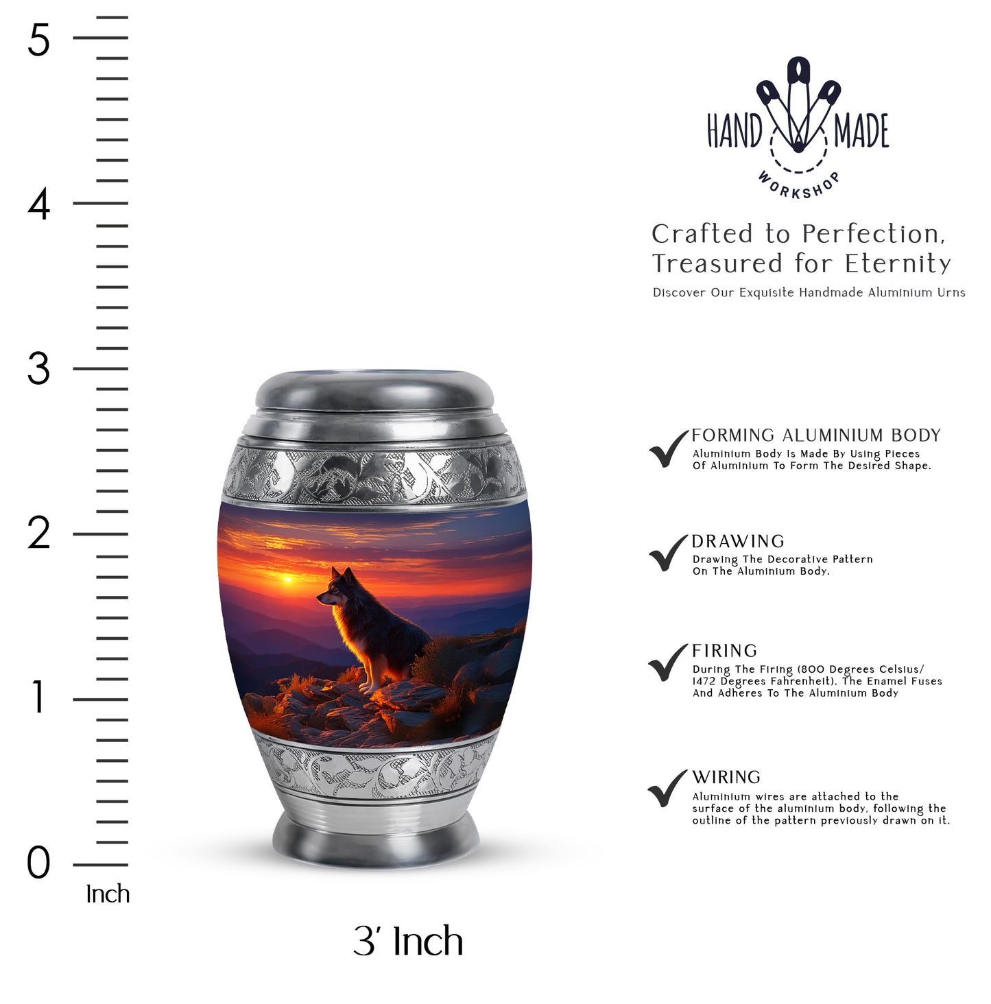 Serene Blue Dog Cremation Urn lifestyle display on memorial shelf - royal dog engraving with decorative scrollwork - mini keepsake memorial for portion of cremation ashes
