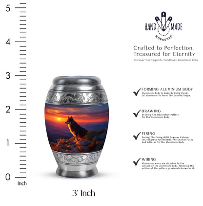 Serene Blue Dog Cremation Urn lifestyle display on memorial shelf - royal dog engraving with decorative scrollwork - mini keepsake memorial for portion of cremation ashes
