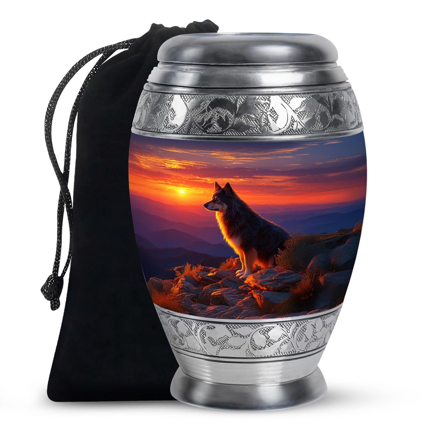 Soft Blue Dog Cremation Urn back view with polished surface - majestic dog pattern with filigree border - full-size 10 inch 200 cubic inch adult cremation urn
