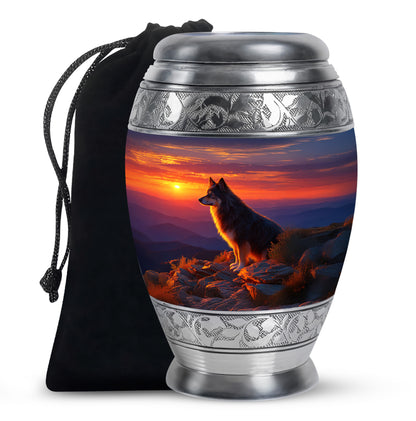 Soft Blue Dog Cremation Urn back view with polished surface - majestic dog pattern with filigree border - full-size 10 inch 200 cubic inch adult cremation urn