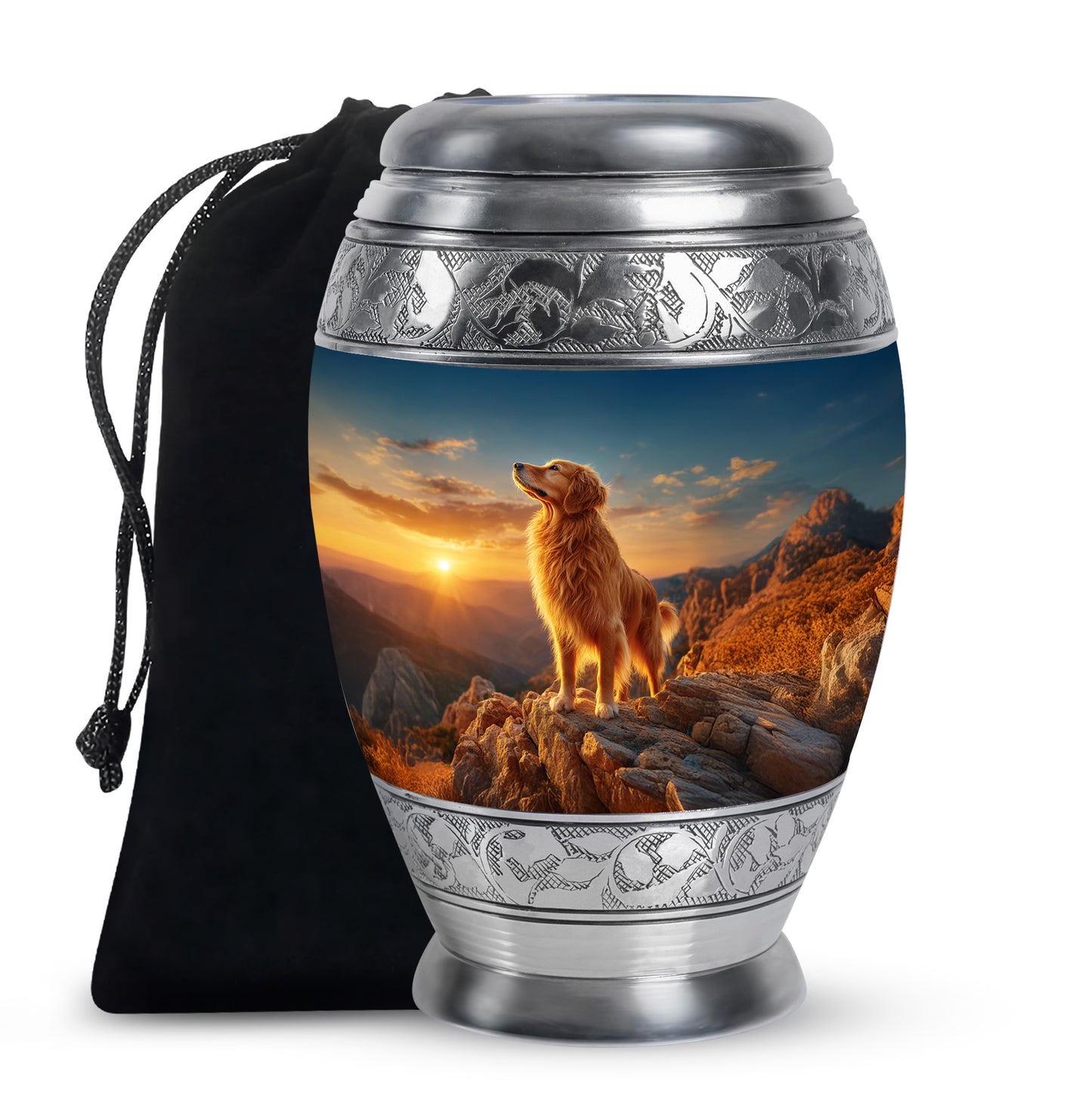 Sapphire Blue Dog Cremation Urn back view with polished surface - majestic dog pattern with filigree border - full-size 10 inch 200 cubic inch adult cremation urn