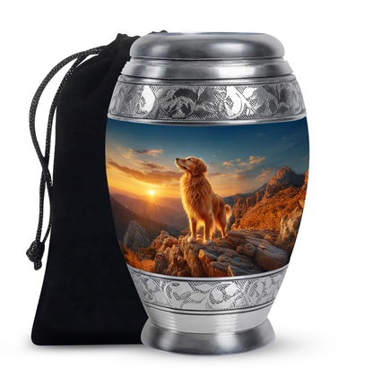 Sapphire Blue Dog Cremation Urn back view with polished surface - majestic dog pattern with filigree border - full-size 10 inch 200 cubic inch adult cremation urn