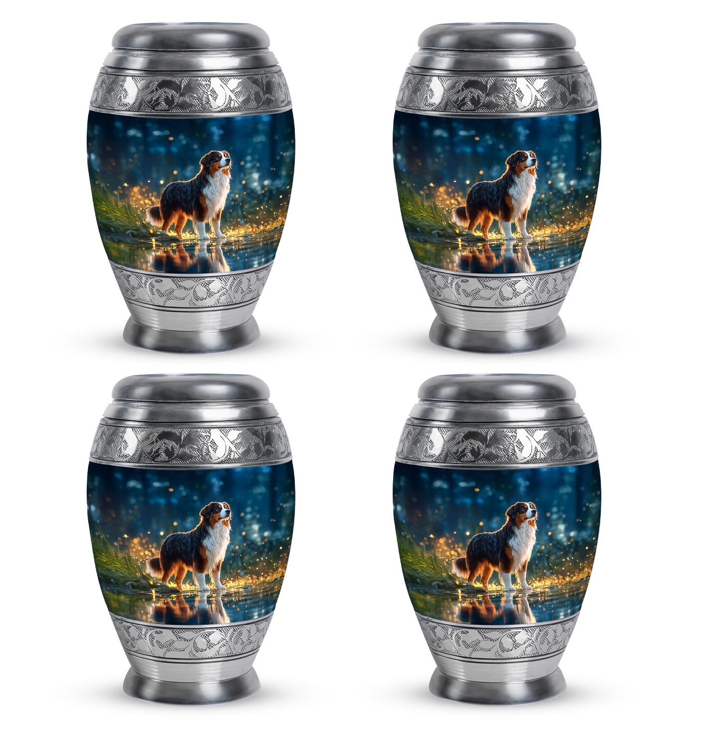 Misty Blue Dog Cremation Urn urn with complimentary velvet bag - ornate monarch-style dog relief on brushed aluminum - 10 inch aluminum urn for cremated remains