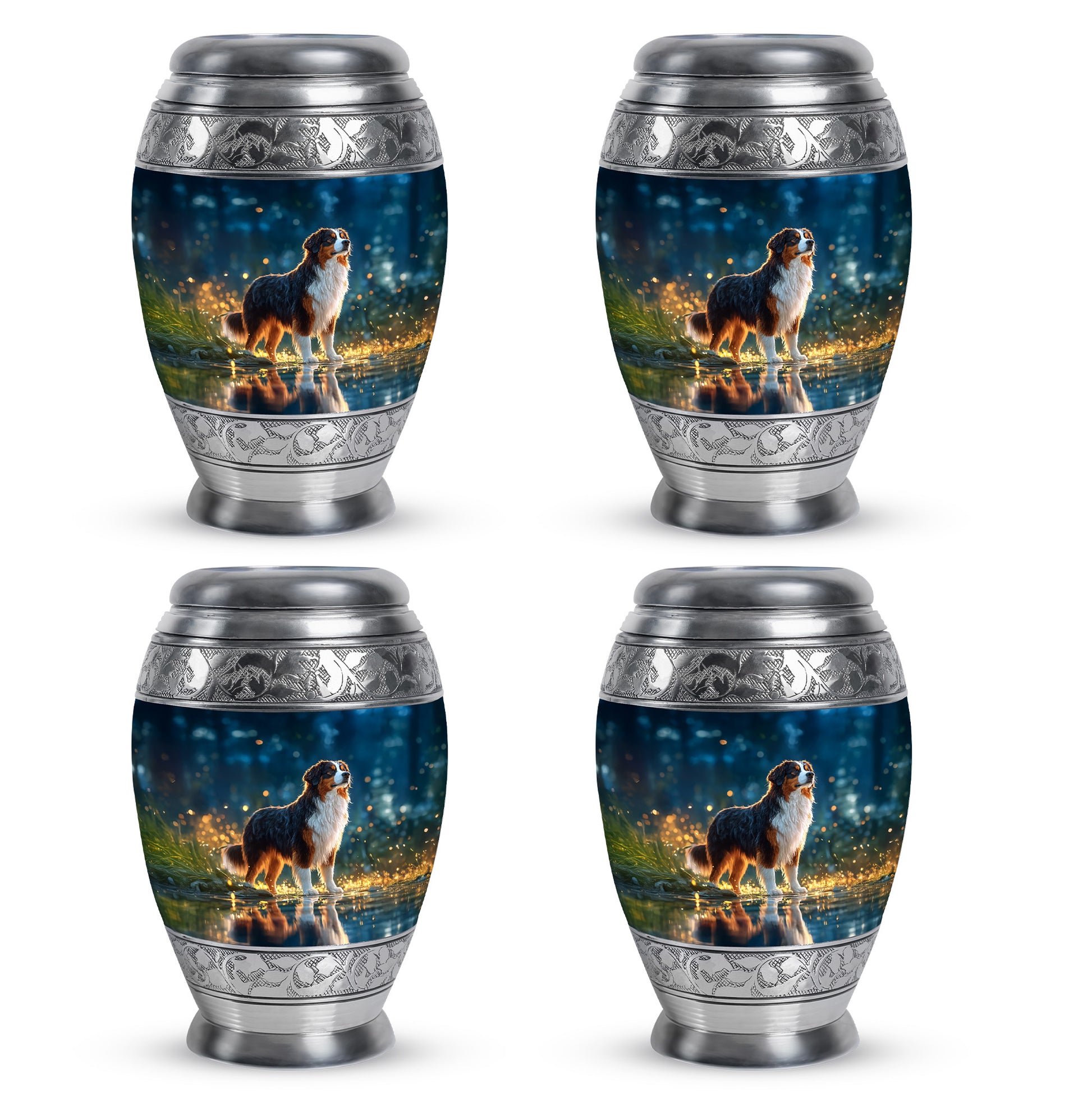 Misty Blue Dog Cremation Urn urn with complimentary velvet bag - ornate monarch-style dog relief on brushed aluminum - 10 inch aluminum urn for cremated remains