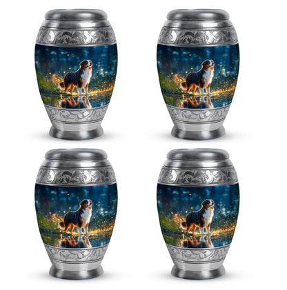 Misty Blue Dog Cremation Urn urn with complimentary velvet bag - ornate monarch-style dog relief on brushed aluminum - 10 inch aluminum urn for cremated remains