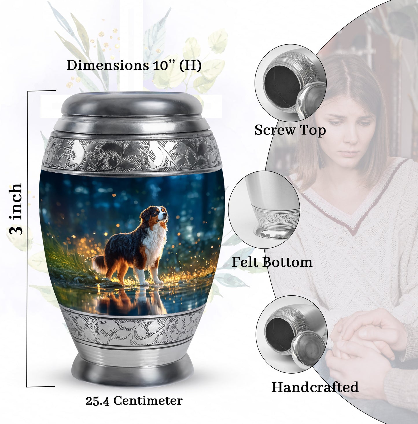 Serene Blue Dog Cremation Urn lifestyle display on memorial shelf - royal dog engraving with decorative scrollwork - mini keepsake memorial for portion of cremation ashes