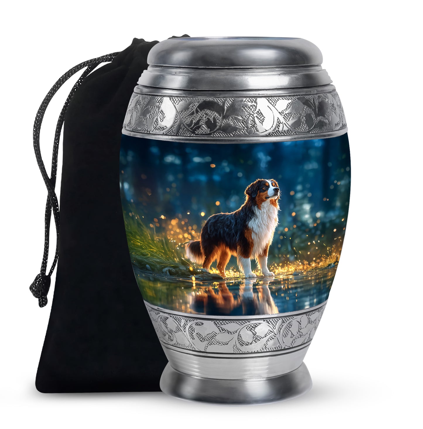 Cornflower Blue Dog Cremation Urn back view with polished surface - majestic dog pattern with filigree border - full-size 10 inch 200 cubic inch adult cremation urn
