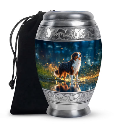 Cornflower Blue Dog Cremation Urn back view with polished surface - majestic dog pattern with filigree border - full-size 10 inch 200 cubic inch adult cremation urn