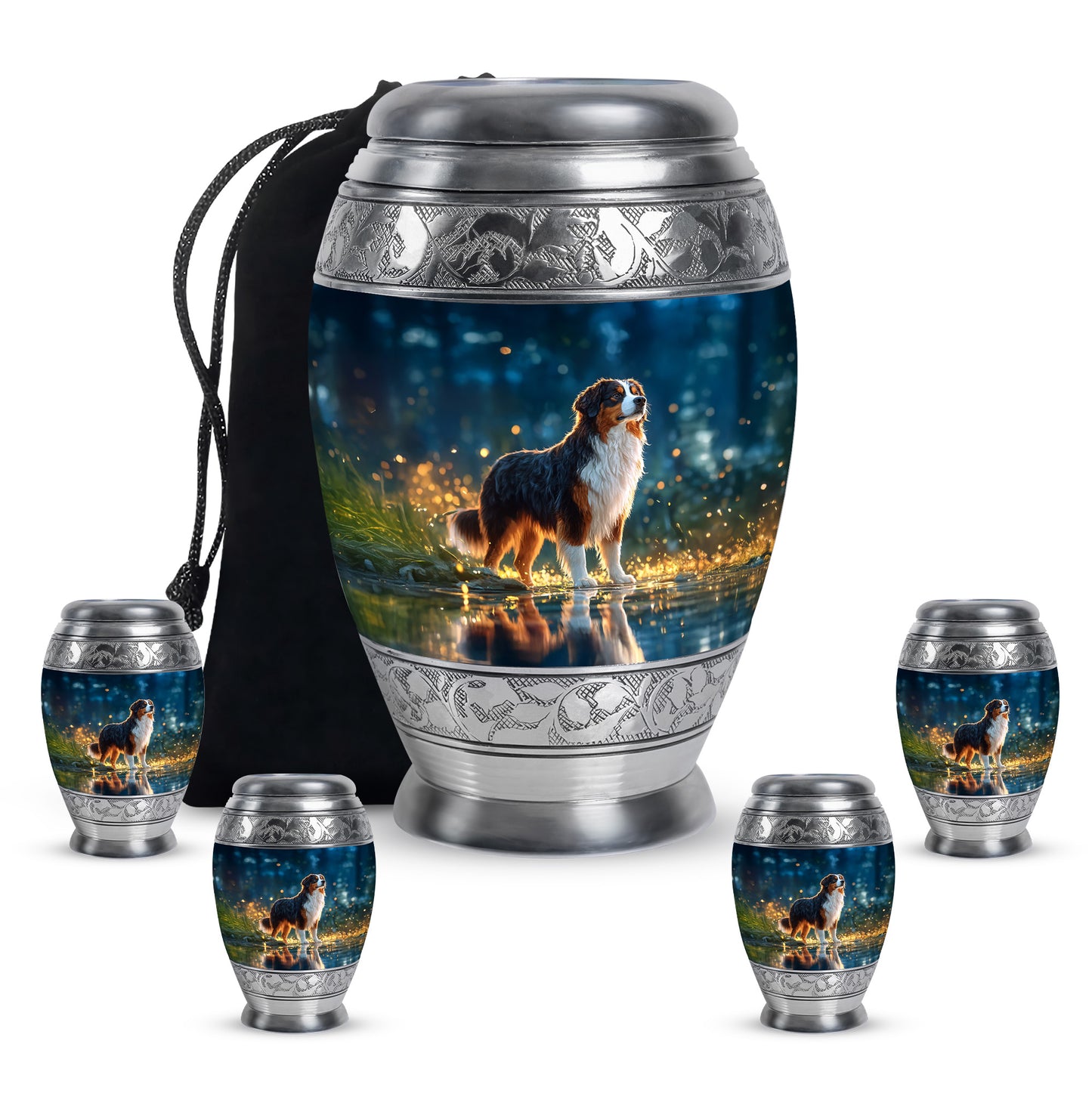 Slate Blue Dog Cremation Urn detail view - regal dog design with crown-inspired accents - memorial set with one large and four small urns