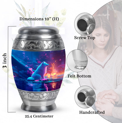 Icy Blue Dog Cremation Urn lifestyle display on memorial shelf - regal dog design with crown-inspired accents - mini keepsake memorial for portion of cremation ashes
