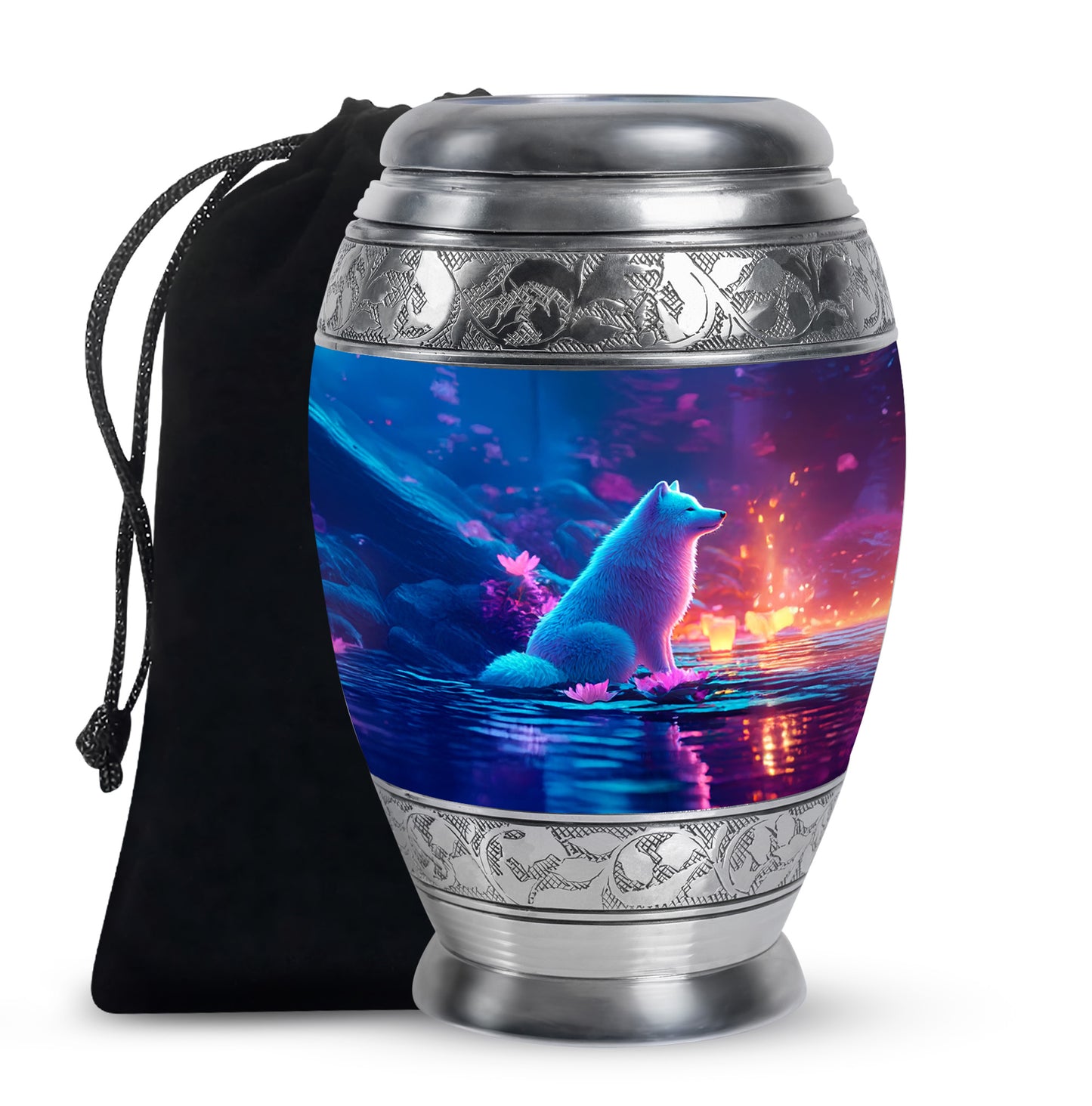 Azure Dog Cremation Urn back view with polished surface - ornate monarch-style dog relief on brushed aluminum - full-size 10 inch 200 cubic inch adult cremation urn