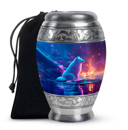Azure Dog Cremation Urn back view with polished surface - ornate monarch-style dog relief on brushed aluminum - full-size 10 inch 200 cubic inch adult cremation urn