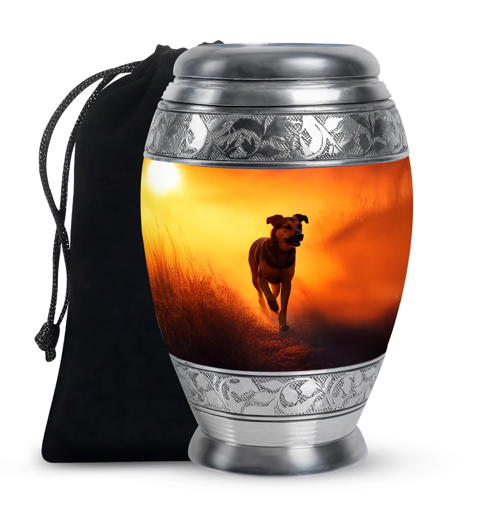 Matte Gold Dog Cremation Urn back view with polished surface - royal dog engraving with decorative scrollwork - full-size 10 inch 200 cubic inch adult cremation urn