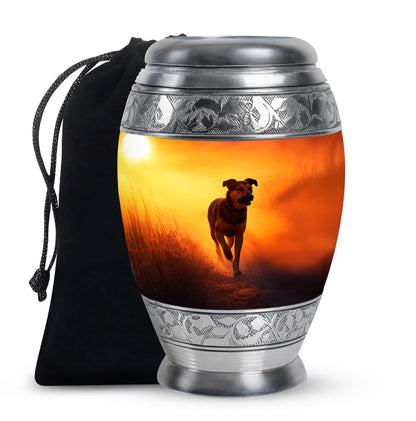 Matte Gold Dog Cremation Urn back view with polished surface - royal dog engraving with decorative scrollwork - full-size 10 inch 200 cubic inch adult cremation urn
