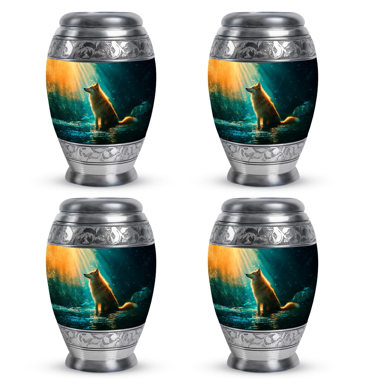 Soft Teal Dog Cremation Urn urn with complimentary velvet bag - ornate monarch-style dog relief on brushed aluminum - 10 inch aluminum urn for cremated remains