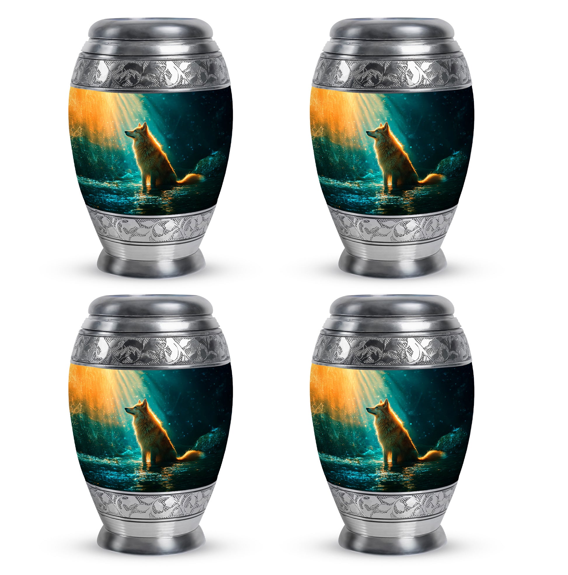 Soft Teal Dog Cremation Urn urn with complimentary velvet bag - ornate monarch-style dog relief on brushed aluminum - 10 inch aluminum urn for cremated remains