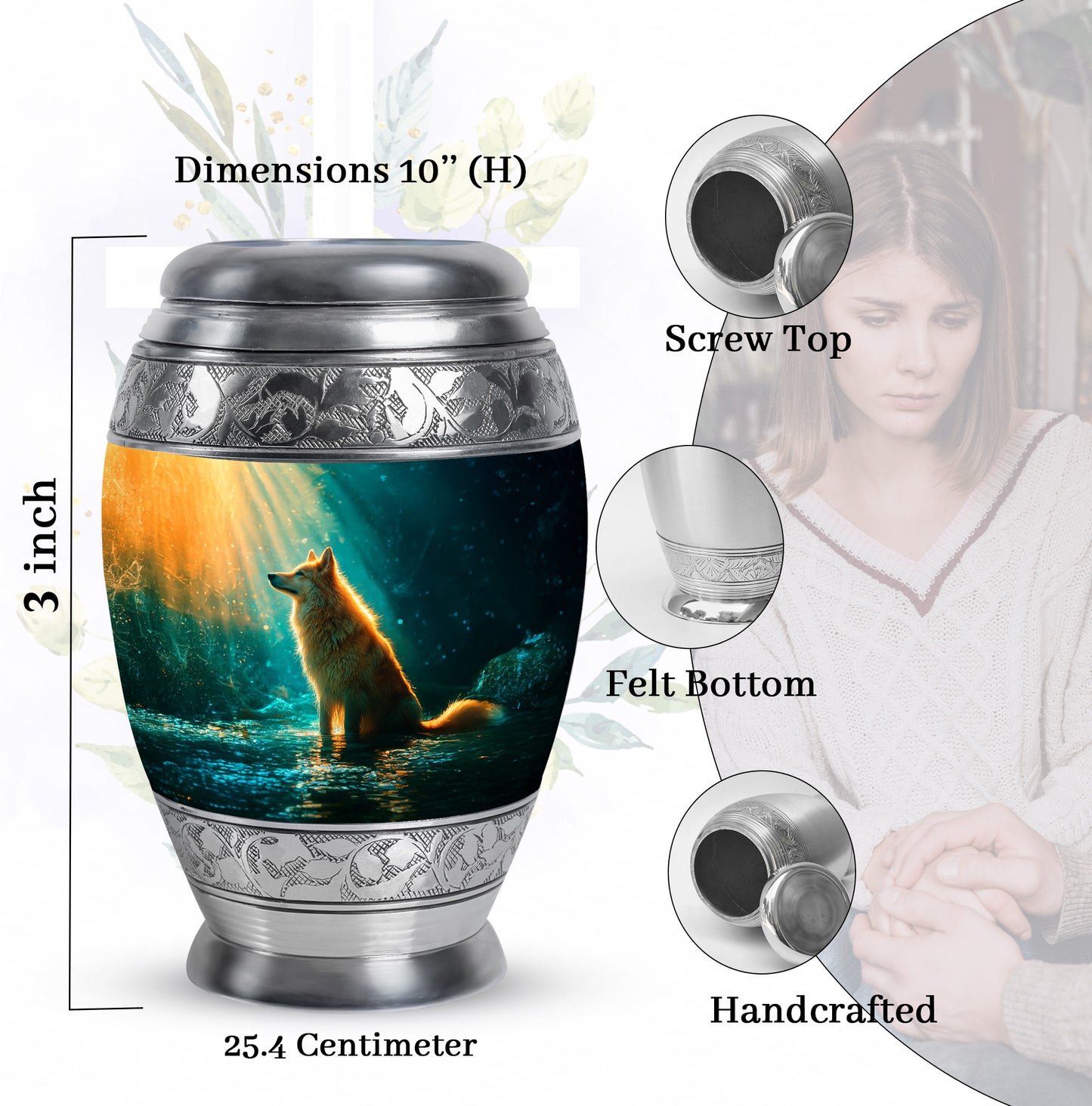 Aqua Teal Dog Cremation Urn lifestyle display on memorial shelf - royal dog engraving with decorative scrollwork - mini keepsake memorial for portion of cremation ashes