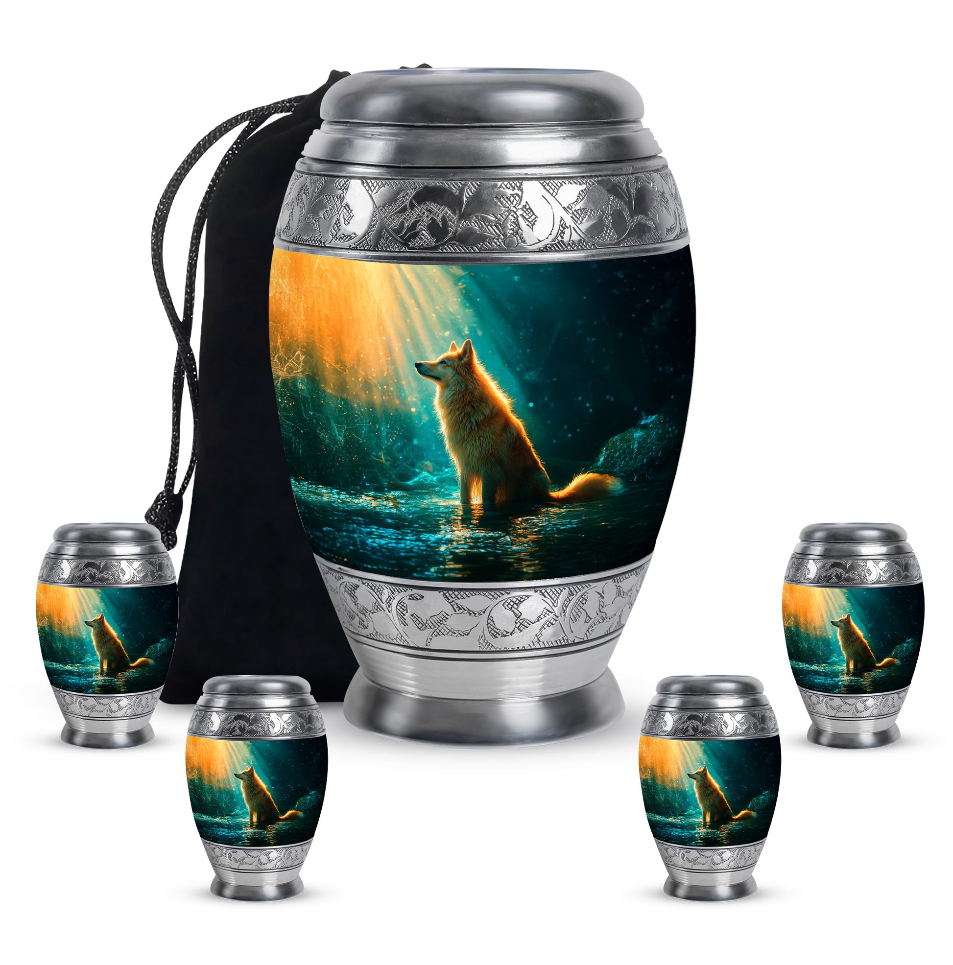 Tropical Teal Dog Cremation Urn detail view - majestic dog pattern with filigree border - memorial set with one large and four small urns