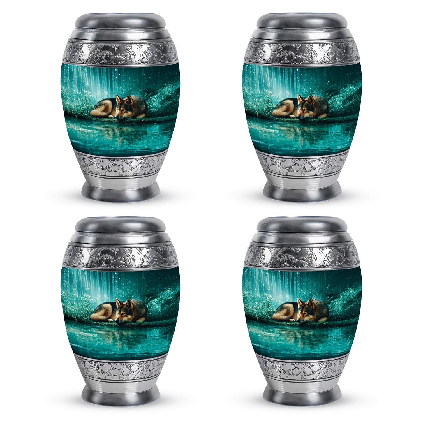 Deep Teal Dog Cremation Urn urn with complimentary velvet bag - royal dog engraving with decorative scrollwork - 10 inch aluminum urn for cremated remains